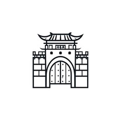 Fototapeta premium Black and white line art of a traditional Asian gatehouse with tiered roof, arched entrance, and decorative details