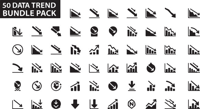 Data trend bundle pack of 50 icons, black financial chart symbols showing market decrease and growth, business analytics vector set for reports