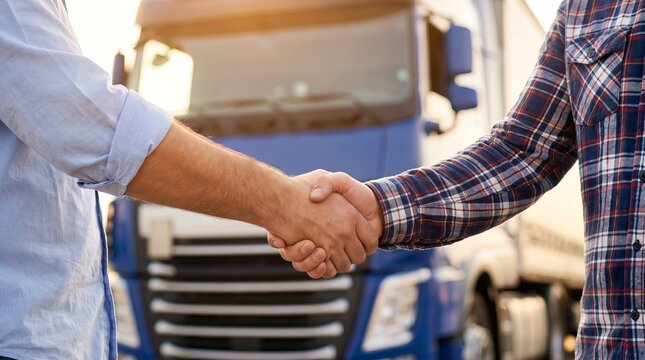 Two professional men perform a firm handshake to seal a successful transportation logistics deal in this bright outdoor photograph