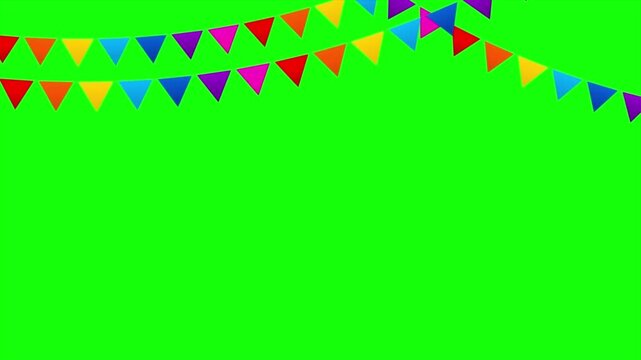 Colorful triangular bunting flags blowing and waving on a green screen background, 4k high quality animation for party, birthday, and festival celebration.