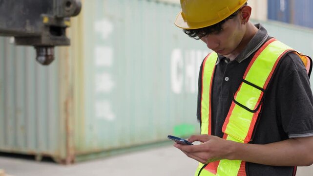 A logistics worker uses a smartphone for supply chain management while standing in front of a shipping container at an industrial cargo terminal.