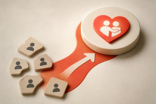 Customer relationship strategy illustrated by wooden people icons guiding an arrow to a heart symbol