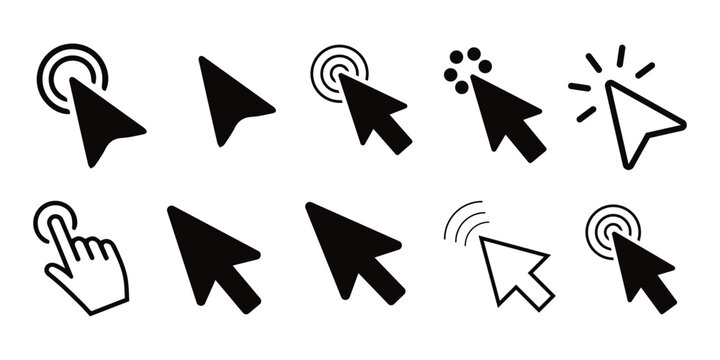 Mouse click cursor icon. Cursor set in arrow forms. Black and white pointer finger symbol for website navigation.