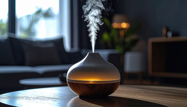 Modern aroma diffuser releasing fragrant mist in a dimly lit living room, creating a serene ambiance for relaxation and wellness.