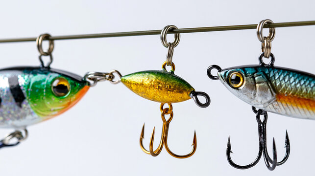Three fishing lures of different styles hanging side by side on a fishing line, transparent background, artificial bait comparison, crankbait spinnerbait and jig variety, colorful