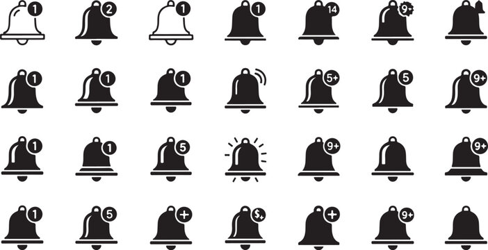 Vintage Bell Icon Set Seamless Pattern &ndash; Black Alarm, Notification and Service Bells.