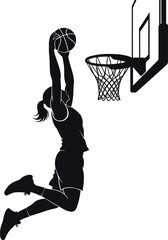 Black Silhouette of a Female Basketball Player Performing a High Jump Slam Dunk into a Hoop for Sports Marketing and Women's Athletic Competition Vector Illustration © Emdadul