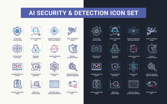 Ai security and detection icon set with light and dark backgrounds.