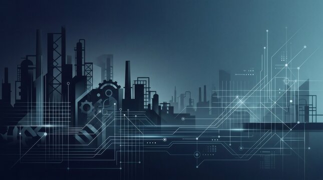 Professional background for industrial business presentation with abstract factory silhouettes and engineering lines