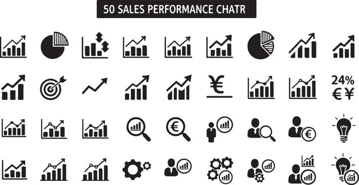 Sales performance chart icons, business infographics, 50 financial graphs, black vector set
