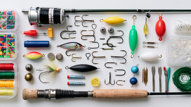 Complete set of fishing accessories and tackle laid out and isolated, PNG file ready, freshwater fishing gear collection, hooks lures weights line and floats, flat lay concept,