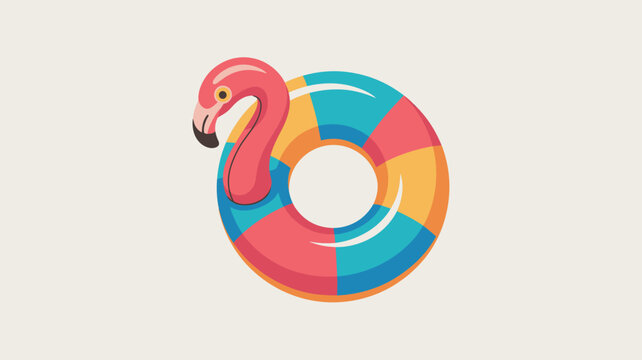 A multi-colored inflatable flamingo pool ring toy rests against a neutral off-white surface under even and soft studio lighting conditions.
