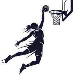 Dynamic Silhouette of a Female Basketball Player Performing a Slam Dunk with Speed Motion Lines for Women's Sports Empowerment and Athletic Competition Vector Designs © Emdadul