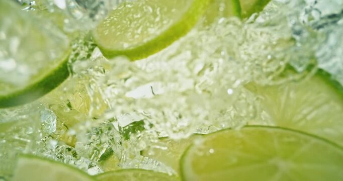 Super slow motion 1000fps video of lime slices and crushed ice falling into rippling water, creating a fresh sparkling splash, perfect for drink, cocktail, beverage and summer visuals.