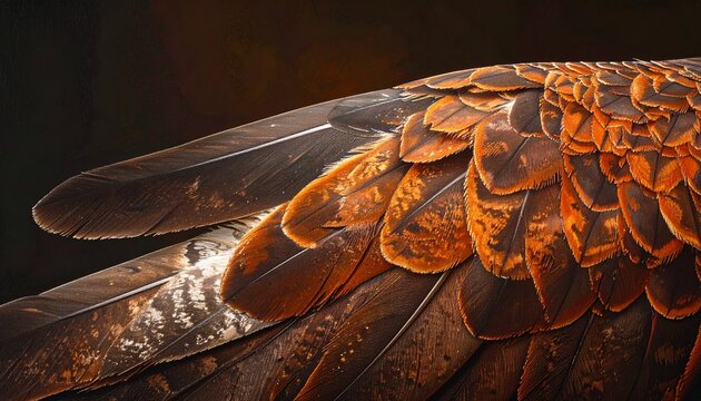 Close-up macro of hawk wing feather with detailed barbs and barbules