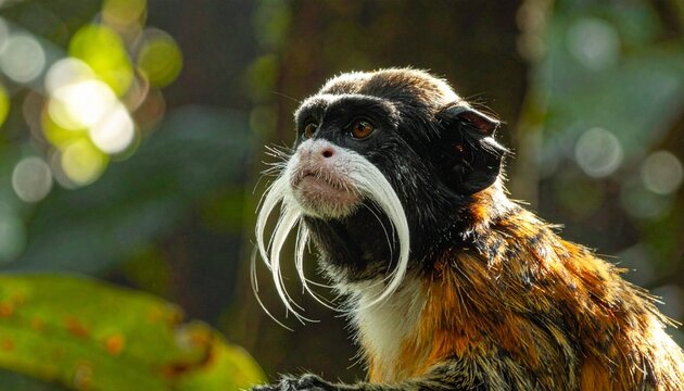 Close-up portrait of emperor tamarin monkey with white moustache in jungle