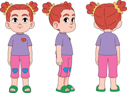 Cute girl character turnaround vector illustration, front side and back view for animation design and children cartoon