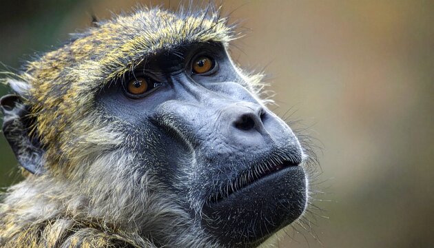 Close-up portrait of a bonobo with expressive face and dark lips in natural light
