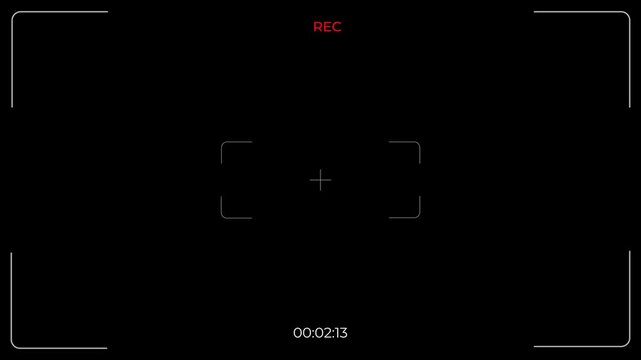 Minimal Cinematic Camera REC Overlay Animation on Black Background with Recording Timer and Focus Viewfinder Frame