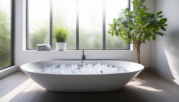 modern minimalist bathtub filled with ice serene white bathroom with plant and window light create peaceful zen atmosphere for cold water therapy