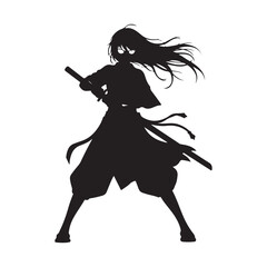 Female samurai warrior silhouette with katana and long flowing hair in traditional japanese attire for manga and anime design © Zulfa