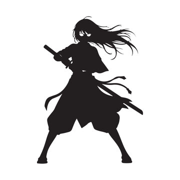 Female samurai warrior silhouette with katana and long flowing hair in traditional japanese attire for manga and anime design