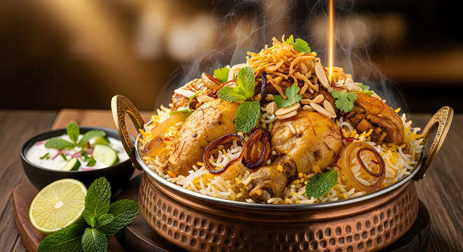 Authentic chicken biryani in copper pot with fresh herbs and lime
