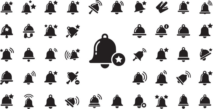 Vintage Bell Icon Set Seamless Pattern &ndash; Black Alarm, Notification and Service Bells.