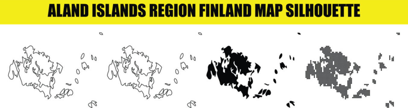 Aland islands region finland map silhouette vector illustration set with outline solid black and pixelated halftone style.
