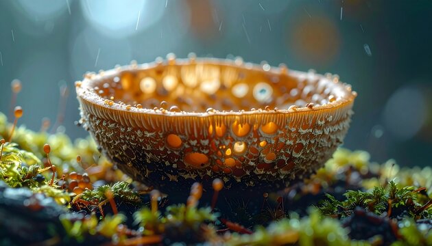 Macro shot of bird's nest fungus with water droplets in natural habitat