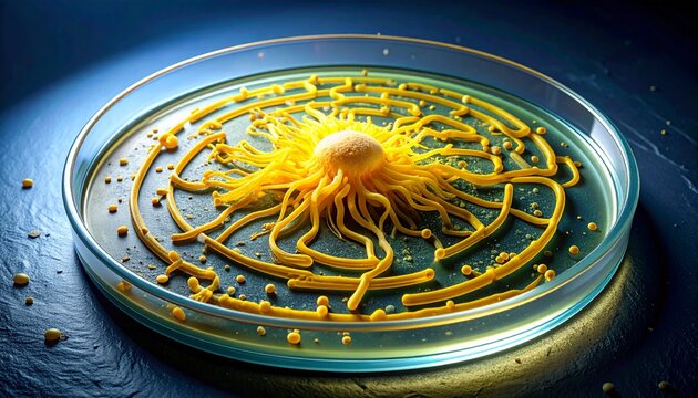Yellow slime mold Physarum polycephalum forming network patterns in petri dish
