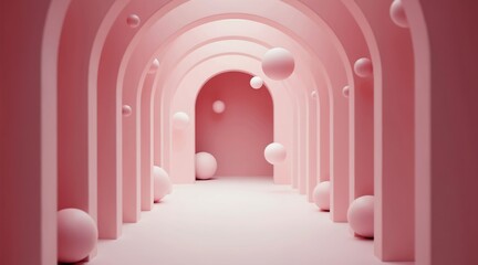 Fototapeta premium Pink archway corridor with floating spheres, minimalist modern pastel design. Abstract 3D hallway, studio background for beauty or tech concepts. Clean geometric forms, digital art.