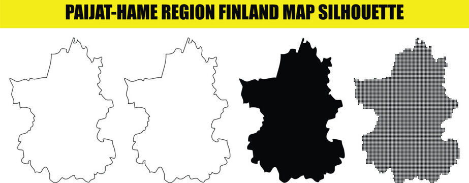 Paijat-hame region finland map silhouette vector illustration set with outline solid black and pixelated halftone styles.