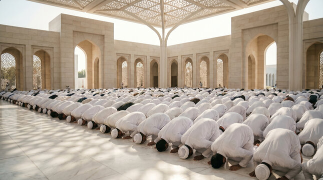 Wide Friday prayer crowd scene filling mosque courtyard, hundreds of worshippers in synchronized prostration on clean white marble, geometri