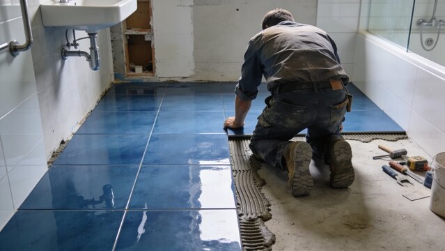 Bathroom renovation worker installing glossy blue ceramic floor tiles inside modern home interior construction project contractor kneeling over fresh mortar adhesive using professional tools near show