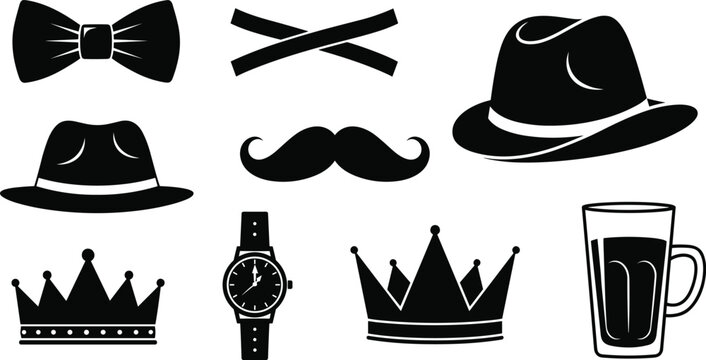 Gentleman Accessories Silhouette Icon Set Featuring Fedora Hat, Bow Tie, Mustache, Wristwatch, Royal Crown, and Beer Mug for Vintage Style Branding and Designs