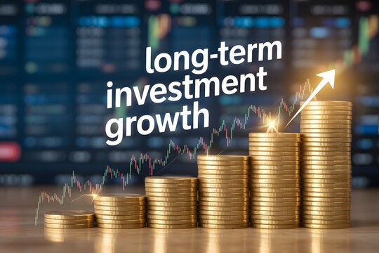 Golden coins stacked in ascending staircase symbolizing long-term investment growth