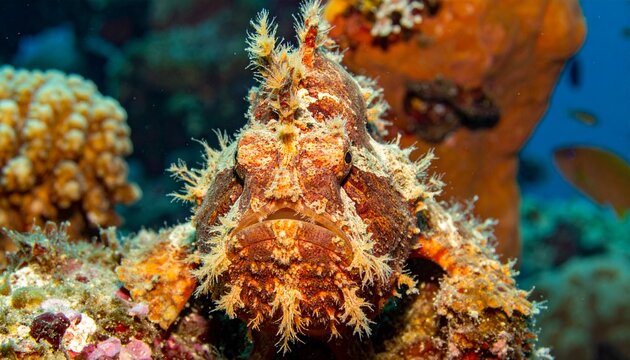 Close-up of hairy frogfish with camouflage on coral reef