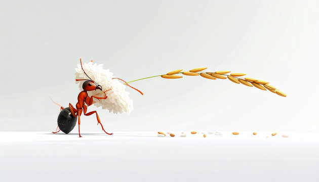 Ant carrying grain against white backdrop