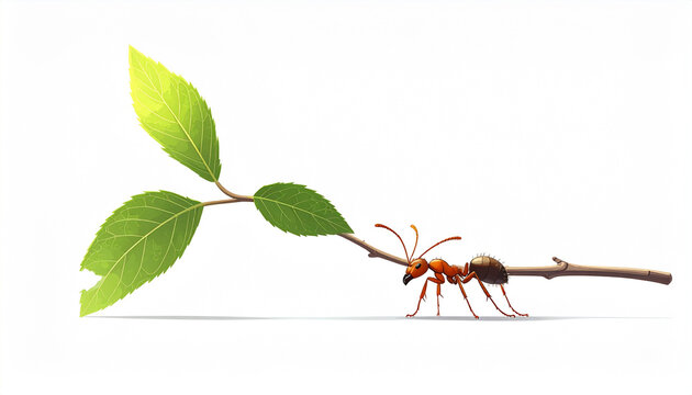 Ant carrying leaf on white