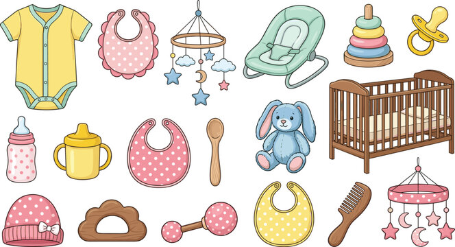 Complete Baby Nursery Essentials Vector Set Featuring Onesie, Bib, Mobile, Crib, Bunny, Rattle, Bottle, and Care Items in Pastel Colors