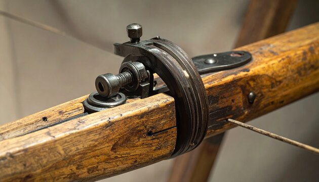 Close-up of medieval crossbow trigger mechanism on wooden tiller