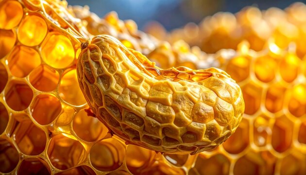 Close-up of developing queen bee cell in honeycomb with wax texture