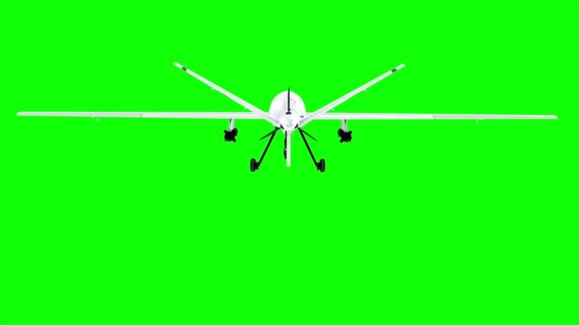 Military predator drone flying and approaching towards camera on a green screen background, 4k high definition unmanned aerial vehicle UAV animation for documentary.