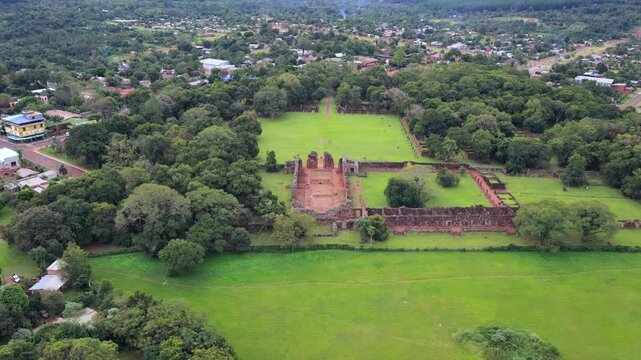 Aerial View of San Ignacio Mini Jesuit Ruins Surrounded by Greenery in Argentina