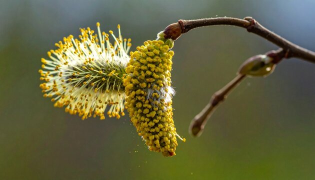 Close-up macro of hazel catkin releasing yellow pollen in spring wind