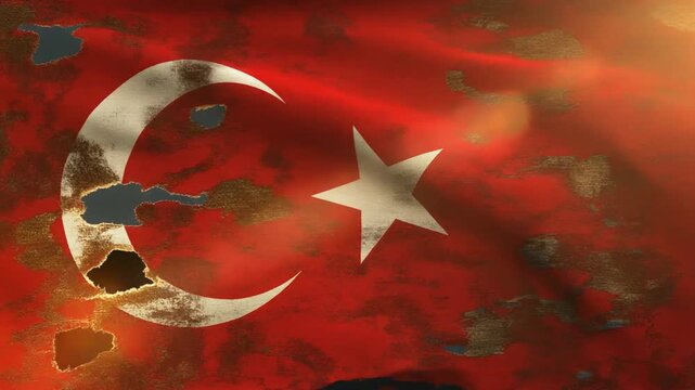 Red Crescent Star Banner Waving in Weathered Fabric Background