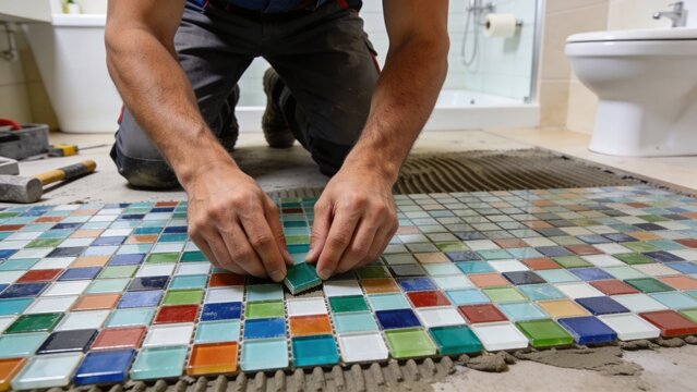 Professional tiler installing colorful mosaic ceramic tiles inside modern bathroom renovation project skilled contractor aligning multicolor square pieces over fresh adhesive mortar detailed craftsman