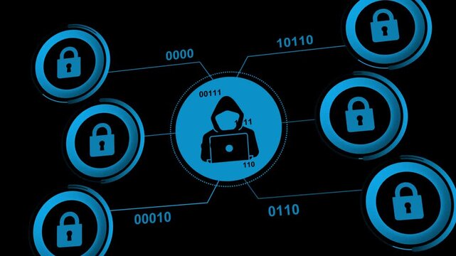 Cybersecurity hacker concept digital network with connected locks and binary code data flow representing online security threat and protection abstract technology background