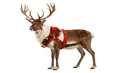 Obraz premium Reindeer wearing festive red christmas harness with gold bells and isolated on transparent background